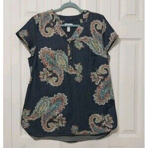 Denim & Co. Paisley Print Cotton Dark Wash Denim V Neck Tunic Top Size Medium
